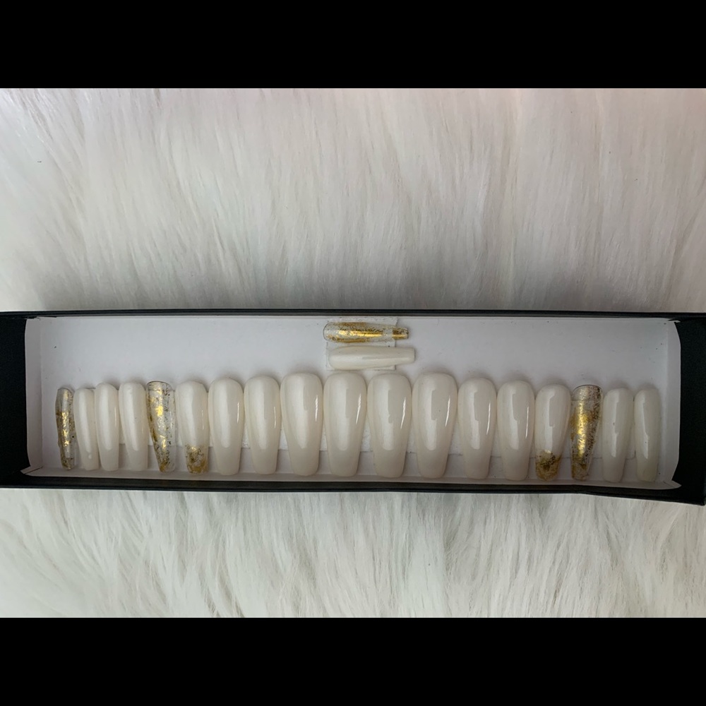 Off white with gold foil press on nails
